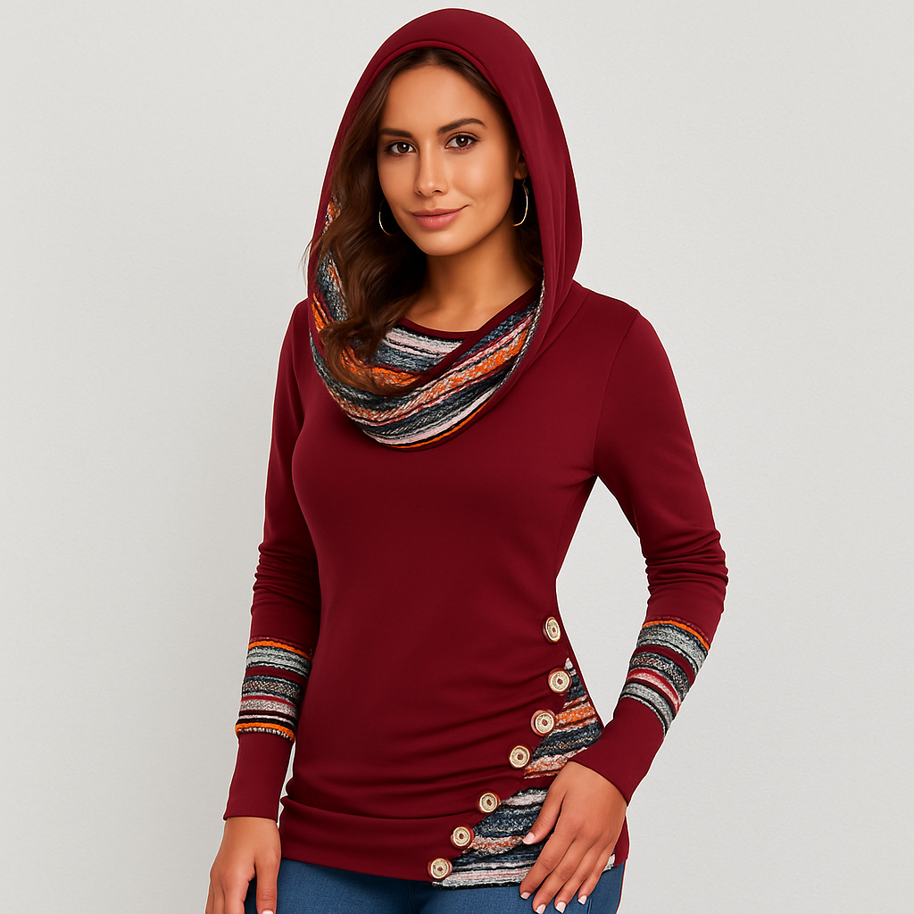 Damen Kapuzenpullover mit Ethno-Streifen – Langarm Hoodie im Patchwork-Stil