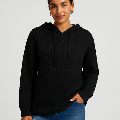 Damen Kapuzenpullover in großen Größen – Unifarbener Rippstrick mit Kordelzug & Stretch