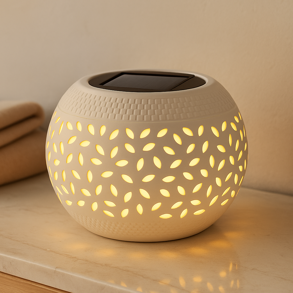 LumaWeave – Solarbetriebene Tischlampe mit geöstem Muster