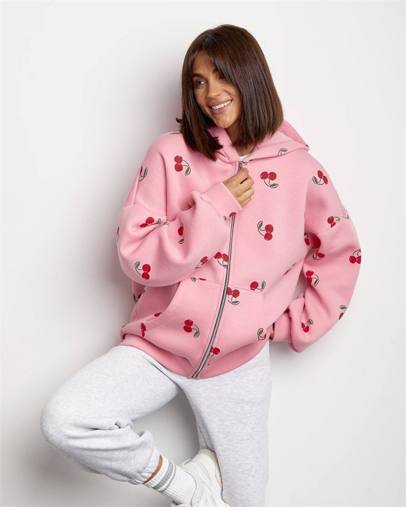 Damen Kapuzenpullover Hoodie mit Reißverschluss und Fruchtigem Print