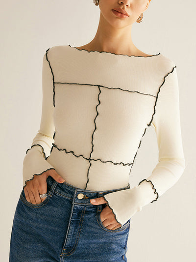 Damen Langarmshirt Baumwolle Lyocell Slim Fit mit Lettuce Trim