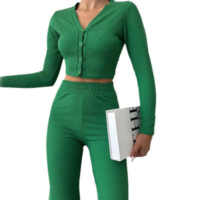 Damen Loungewear Set Rippstoff Langarm Oberteil Weite Hosen