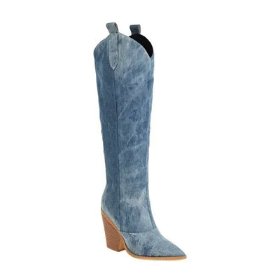 Damen Overknee Stiefel Leder Cowboy-Stil mit Stilettoabsatz