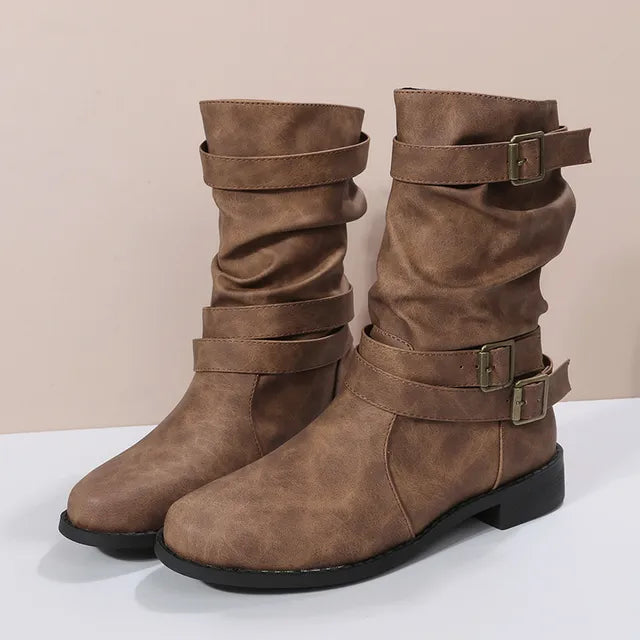 Damen Stiefel Mittlere Wadenhöhe mit Schnallendetails und Niedrigem Absatz