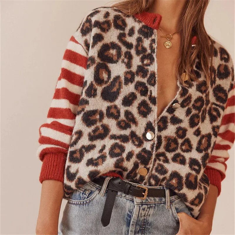 Leopardenmuster Damen Strickcardigan