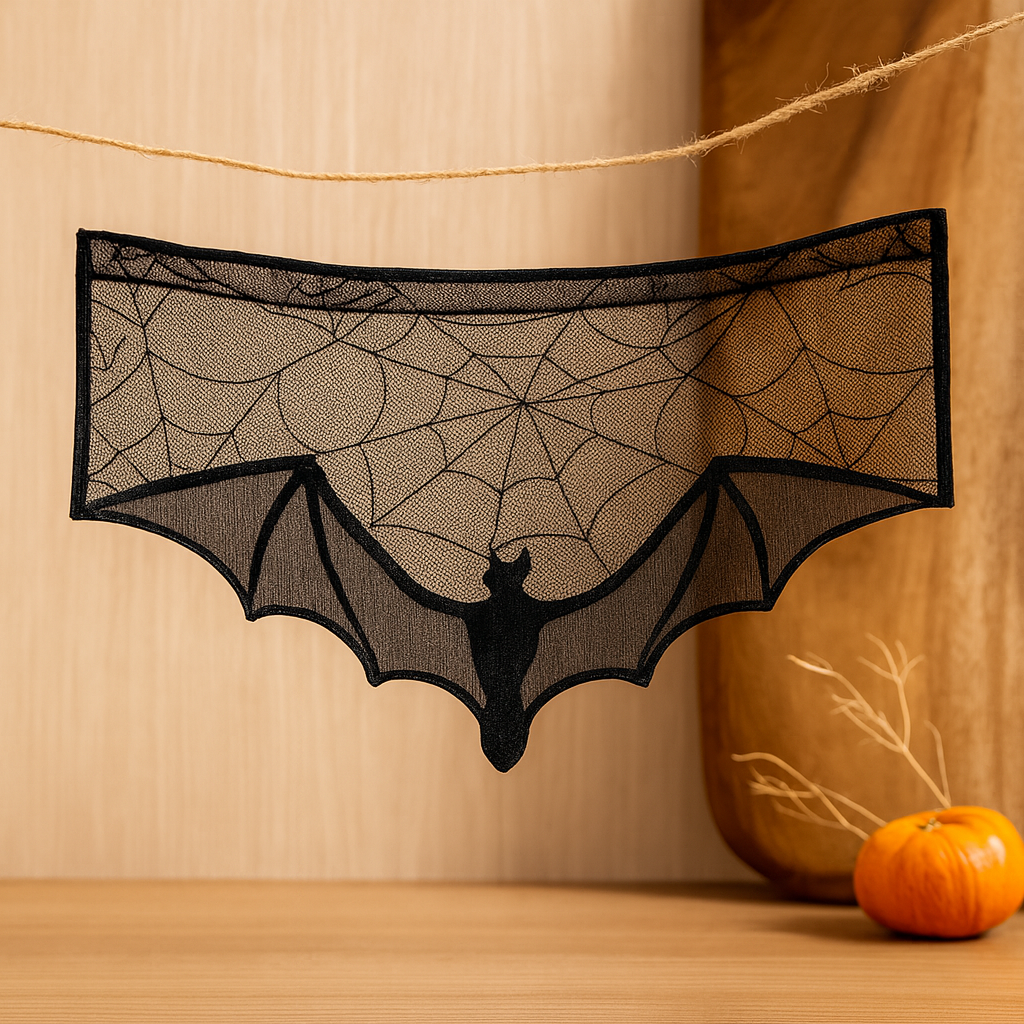 GothicLace Halloween Spitzen-Deko – Schwarzer Überwurf mit Fledermaus & Spinnennetz