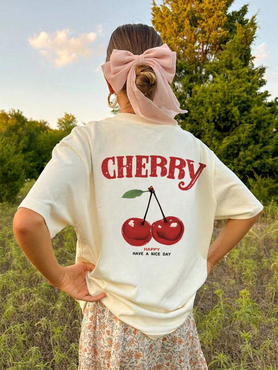 Hanna – Damen T-Shirt Kirschmotiv Locker Urlaub Rundhals Kurzarm