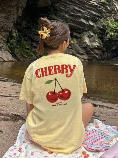 Hanna – Damen T-Shirt Kirschmotiv Locker Urlaub Rundhals Kurzarm