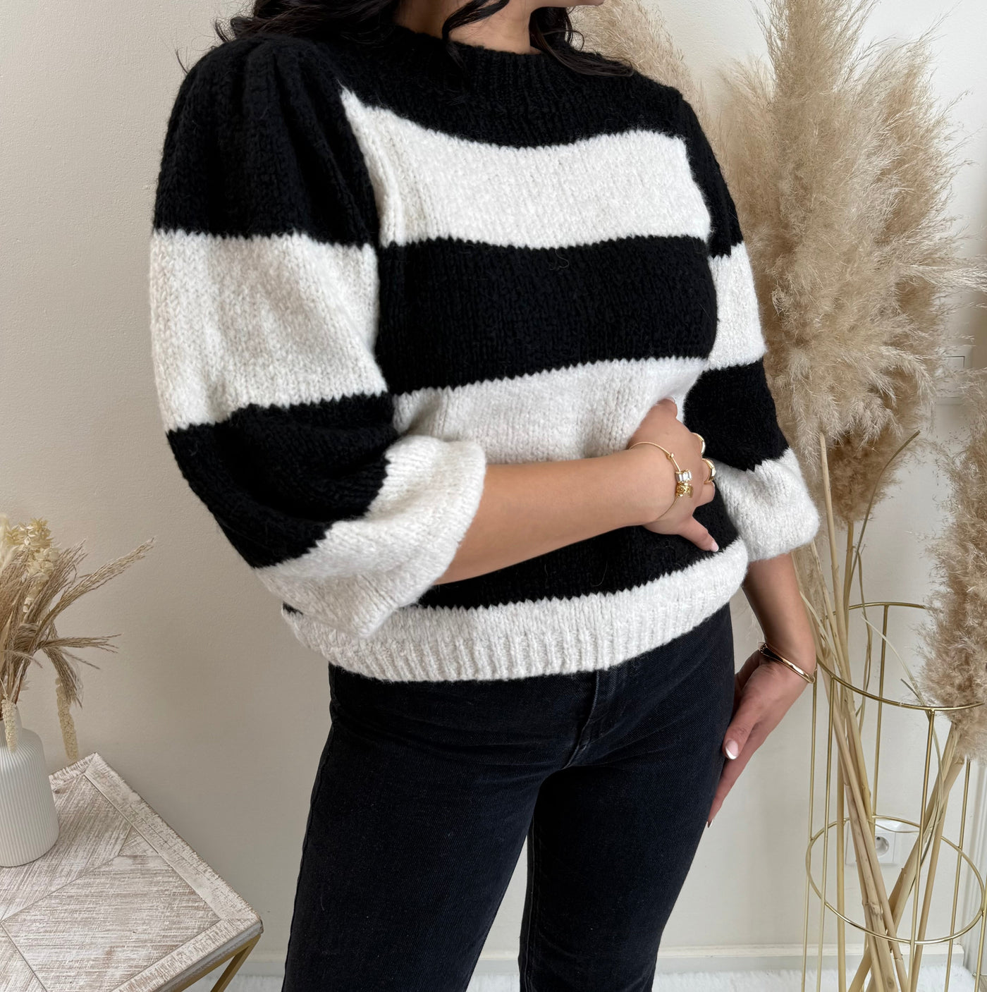 Streifen Pullover mit Ballonärmeln