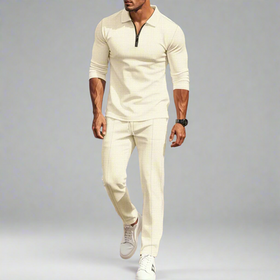 Lässiges Streetwear-Set für Herren – einfarbiges Langarm-Oberteil mit halbem Reißverschluss und passende Hose, leicht und atmungsaktiv
