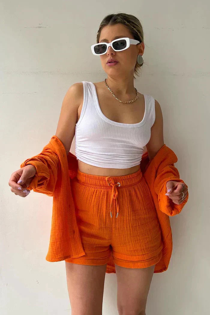 Lässiges 2-Teiler Damen Set – Oversize Hemd & Shorts aus Musselin | Zendoo.de