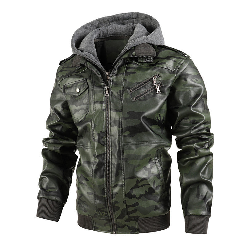 Herren Camouflage Lederjacke mit Kapuze und Taschen