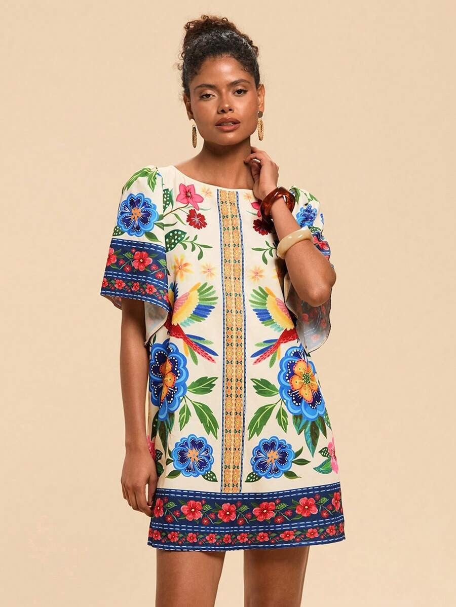 Lyra | Bedrucktes Kurzes Kleid mit Rundhalsausschnitt