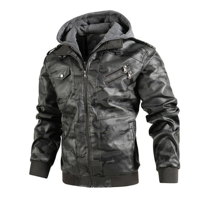 Herren Camouflage Lederjacke mit Kapuze und Taschen