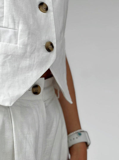 Damen Leinen Zweiteiler – Bluse mit Knöpfen & Shorts im Relaxed Fit