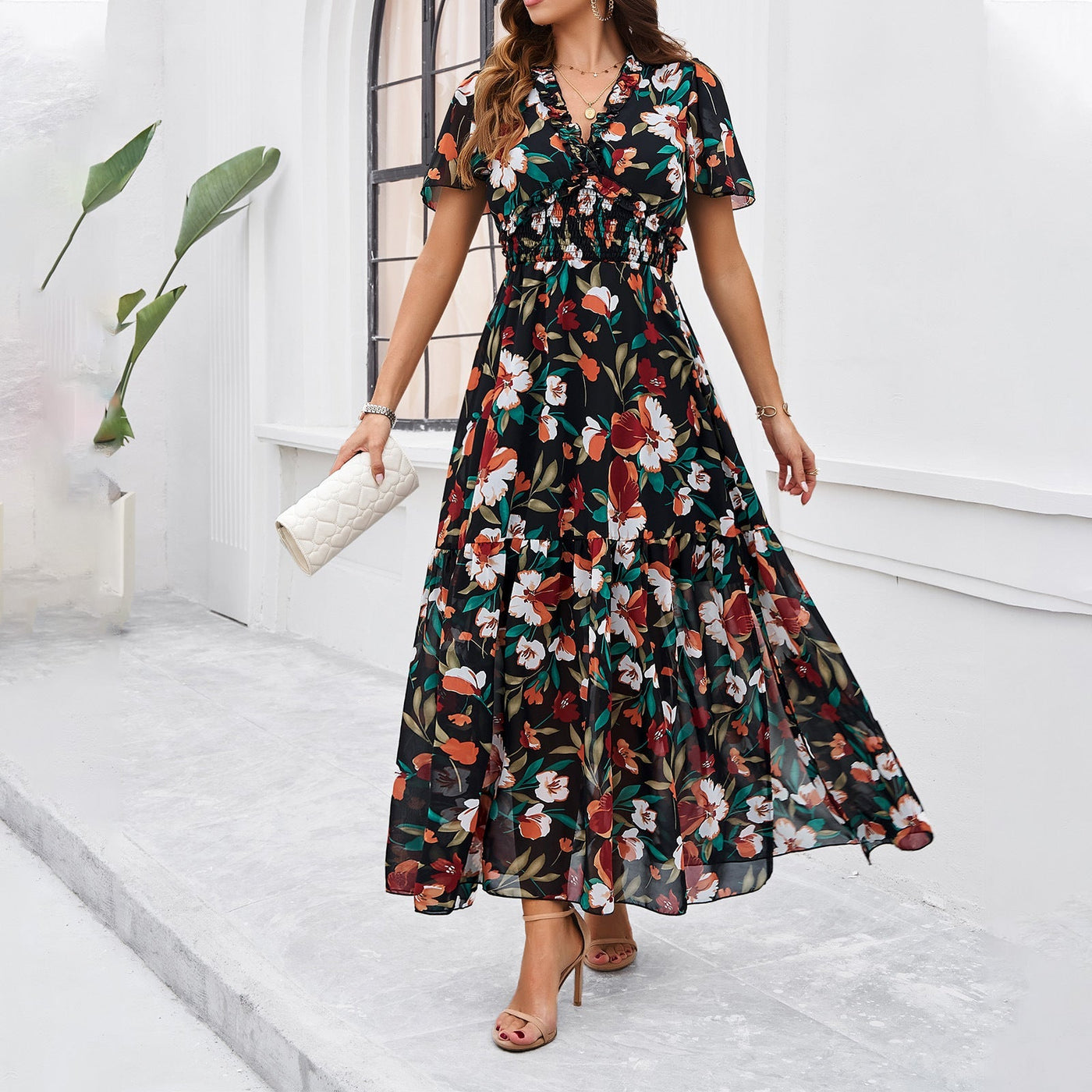 Raya | Florales Maxikleid mit Smock-Taille