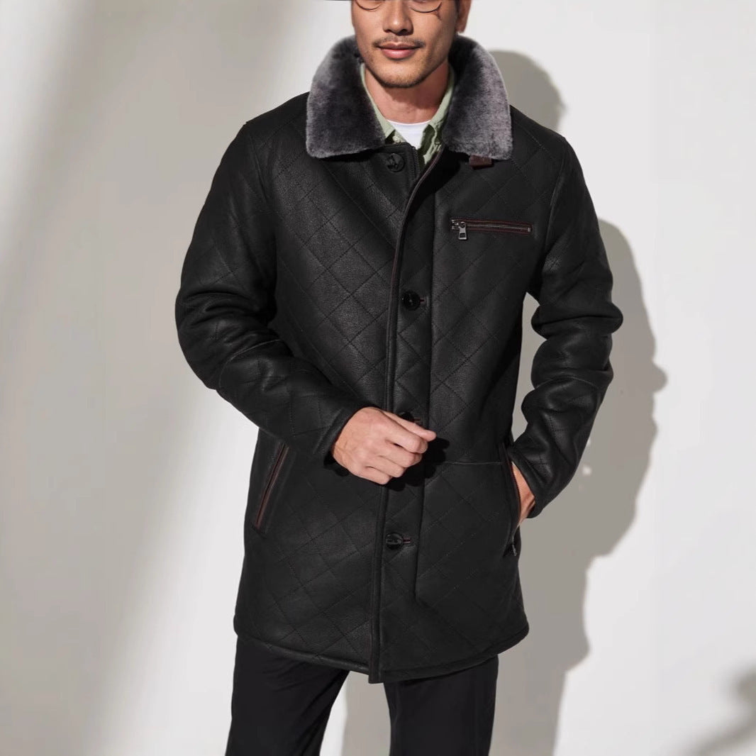 Herren gesteppter Kunstleder-Mantel mit Teddyfell-Kragen Aliams