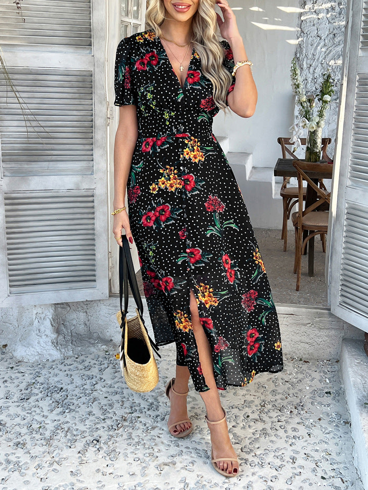 Cali | Florales Polka Dot V-Ausschnitt Maxikleid, das den Bauch kaschiert