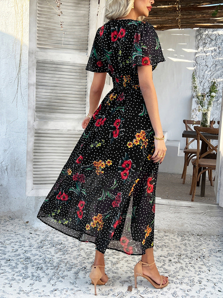 Cali | Florales Polka Dot V-Ausschnitt Maxikleid, das den Bauch kaschiert