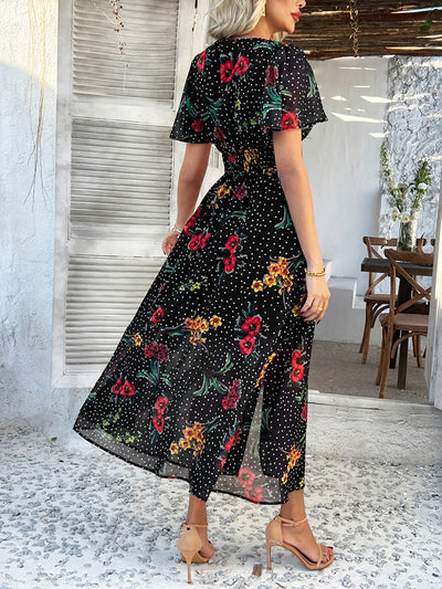 Cali | Florales Polka Dot V-Ausschnitt Maxikleid, das den Bauch kaschiert