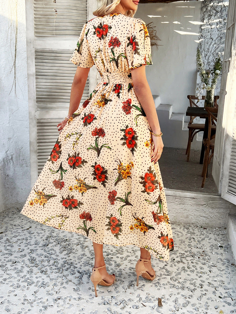 Cali | Florales Polka Dot V-Ausschnitt Maxikleid, das den Bauch kaschiert
