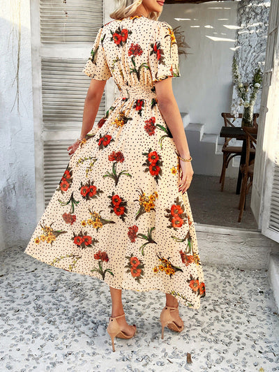 Cali | Florales Polka Dot V-Ausschnitt Maxikleid, das den Bauch kaschiert