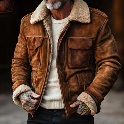 Herren Vintage-Lederjacke mit Teddyfellkragen und praktischen Taschen Aliams