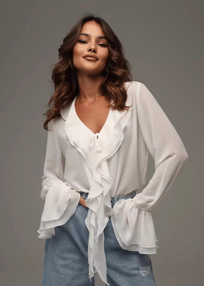 Damen Bluse aus Chiffon mit Rüschen und V-Ausschnitt – Elegant und luftig