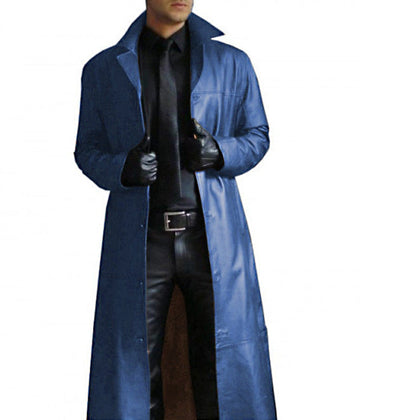 Herren eleganter Kunstledermantel mit doppeltem Knopfverschluss Aliams