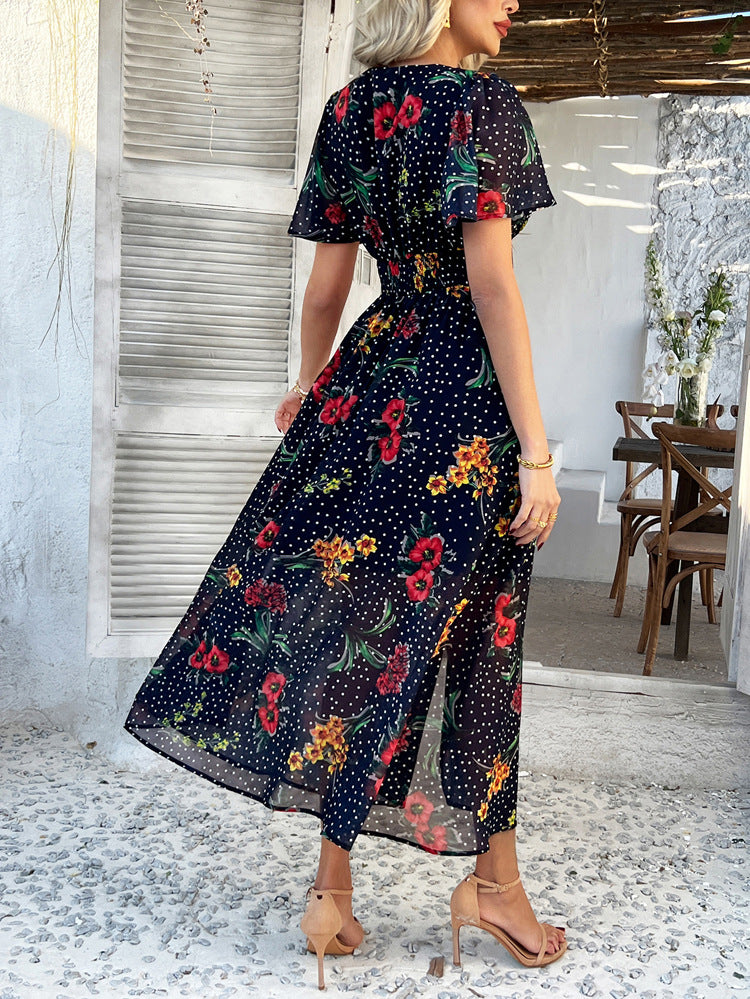 Cali | Florales Polka Dot V-Ausschnitt Maxikleid, das den Bauch kaschiert