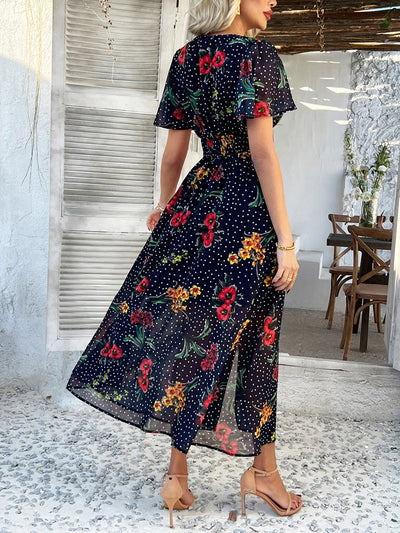 Cali | Florales Polka Dot V-Ausschnitt Maxikleid, das den Bauch kaschiert