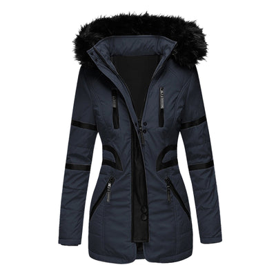 Eleganter damen-wintermantel mit kapuze und wolle