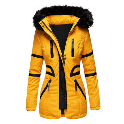 Eleganter damen-wintermantel mit kapuze und wolle