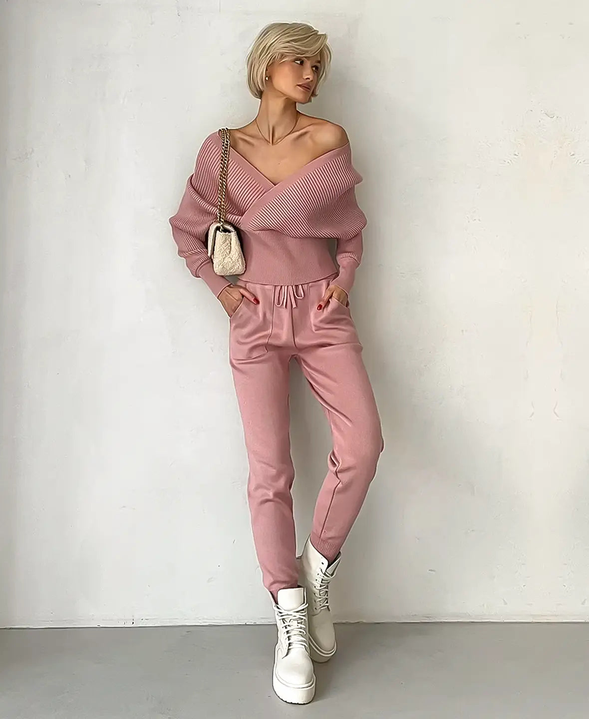 Catalina® | Geripptes, schulterfreies Strickset