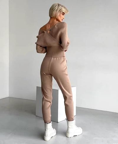 Catalina® | Geripptes, schulterfreies Strickset