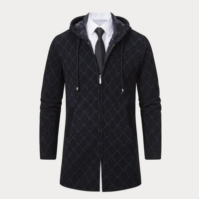 Langer Mantel mit Reißverschluss und Kapuze für Herren