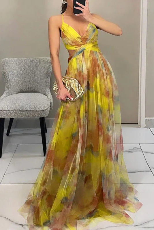 Ute | Elegantes Maxikleid mit Aquarell-Print