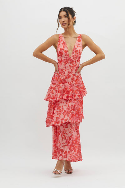 Sarah | Langes Kleid mit V-Ausschnitt und Volants Blume