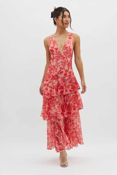 Sarah | Langes Kleid mit V-Ausschnitt und Volants Blume