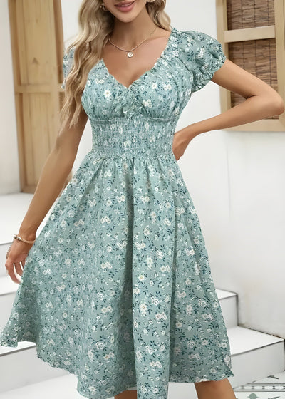 Nancy - Blumen-Midi-Kleid mit Puffärmeln