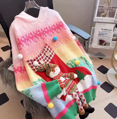 Nahir® | Übergroßer Weihnachtspullover mit Schneemann und buntem Design