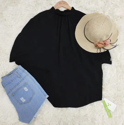 SpringStyle - schwarzes, einfarbiges oberteil mit kurzen armeln