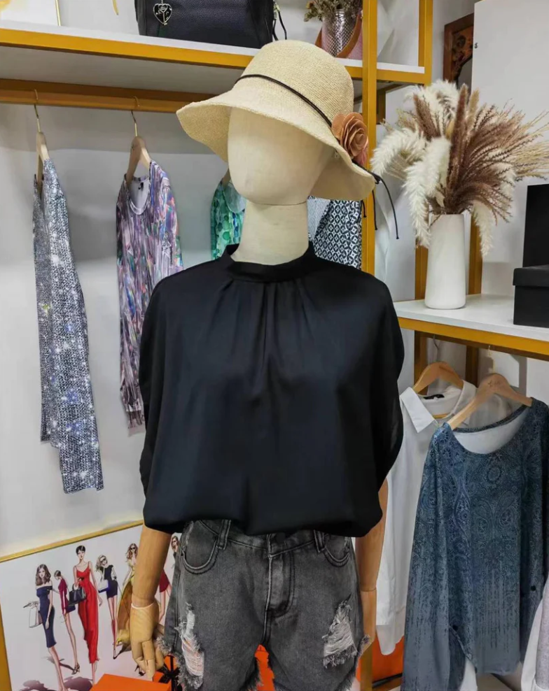 SpringStyle - schwarzes, einfarbiges oberteil mit kurzen armeln