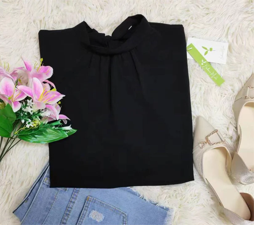 SpringStyle - schwarzes, einfarbiges oberteil mit kurzen armeln