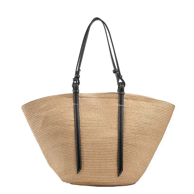 Luxus Boho Strohtasche Damen – Handgemachte Strandtasche mit veganem Leder
