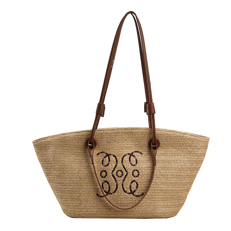 Boho Strohtasche Damen – Handgefertigte Strandtasche mit Kordelzug & Quasten