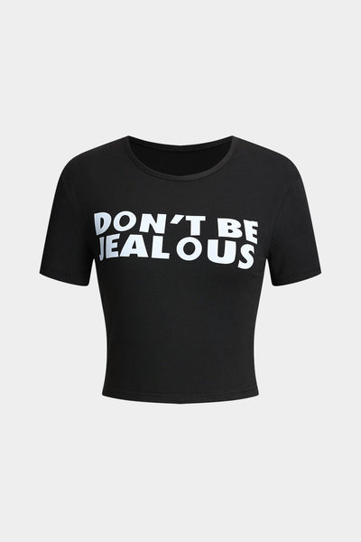 Braelyn | Schwarz Kurzärmelig Cropped T-Shirt mit "Don't Be Jealous"-Print