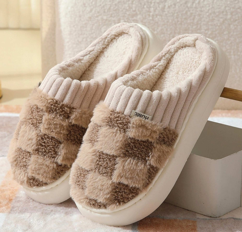 Damen Hausschuhe Flauschiges Textil Kariert