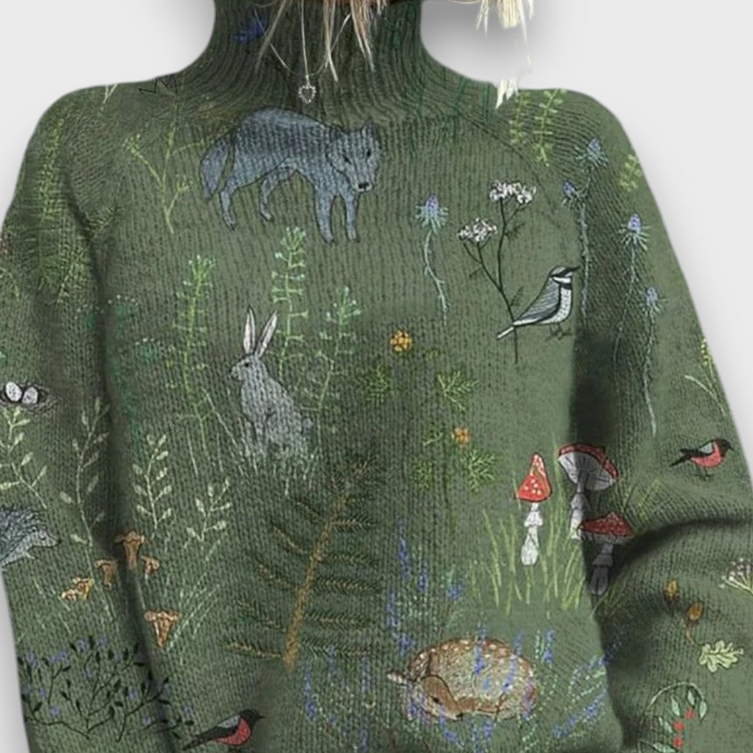 Milai – Vintage Rollkragenpullover mit Kunstprint