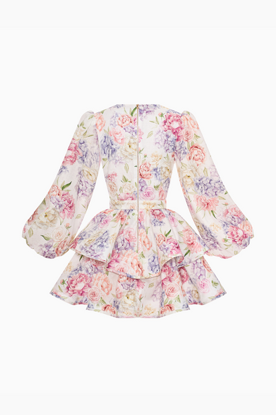 Kurzes Blumenkleid mit Puffärmeln und tiefem V-Ausschnitt für Damen